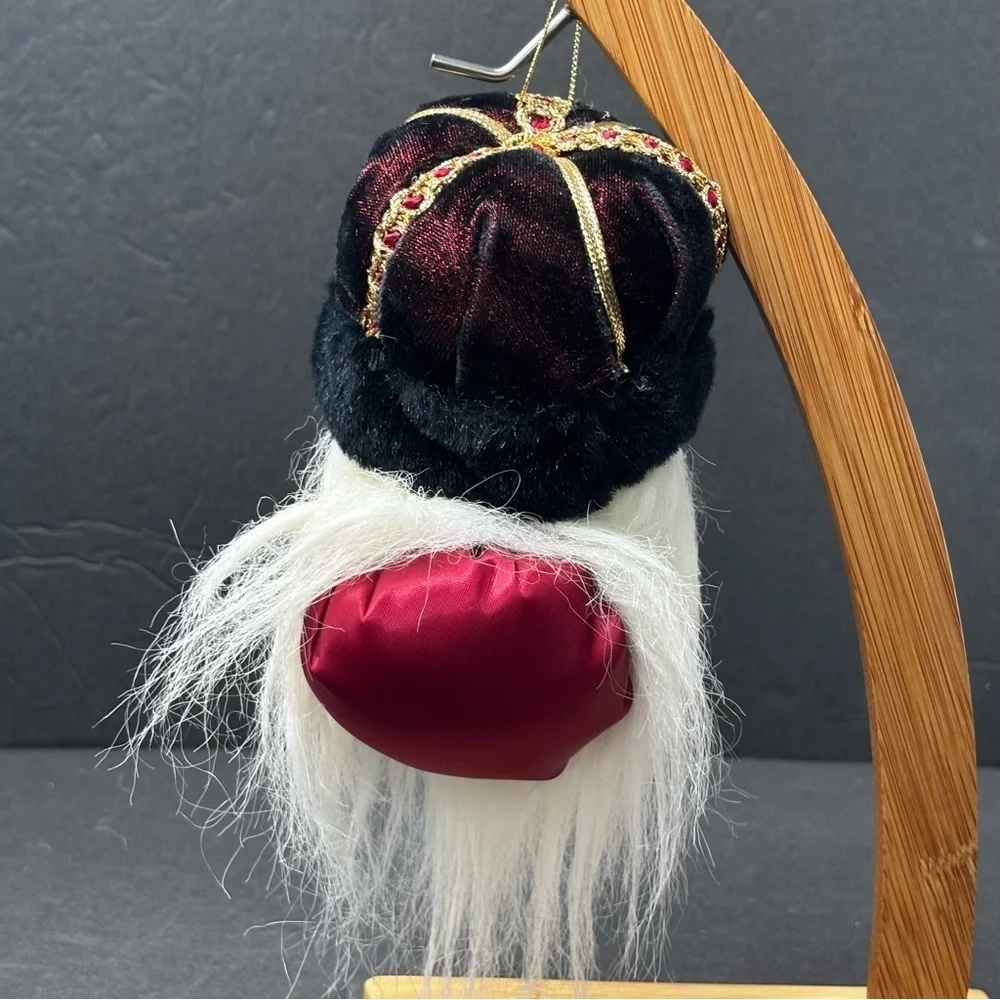 Vtg Santa Claus Head Ornament with Long Beard and Velvet Fur Hat/crown 5”